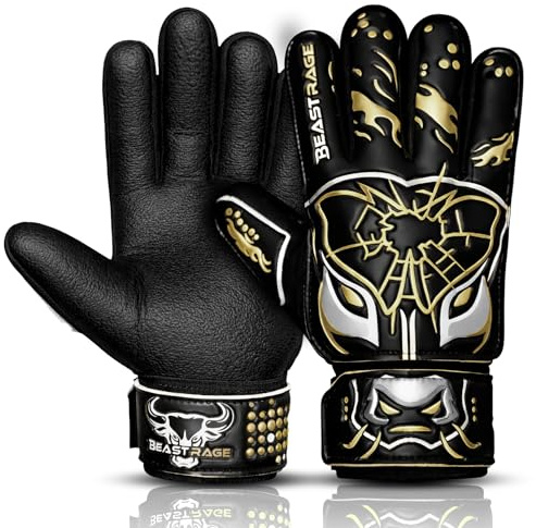 BEAST RAGE Kids Goalkeeper Gloves–Premium Anti-Slip Super Grip 3MM+4MM Laminated Palm,Lightweight Backhand 3+4MM,Adjustable Wrist Strap,Soccer Goalie Gloves for Kids,Youth and Adults (Golden, 5)