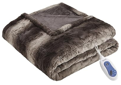 Beautyrest Zuri Reversible Faux Fur to Mink Electric Blanket, Auto Shut Off, Virtually Zero EMF, Multi Heat Setting, UL Certified, Machine Washable, Brown Throw 50x70