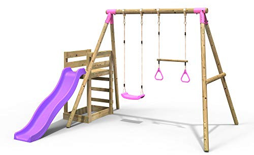 Rebo® Wooden Swing Set Plus Deck and Slide - Janus Pink | OutdoorToys, Kids' Playset, Trapeze, Sturdy Construction, Pressure Treated Timber