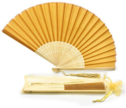 FANSOF. FANS Ventilador de tela de seda con una tassel grado A bambú costillas fiesta de boda favor ventilador de mano (Amarillo oro oscuro)