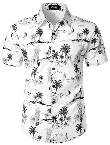 JOGAL Camicia hawaiana in cotone a maniche corte da uomo, bianco/grigio, L