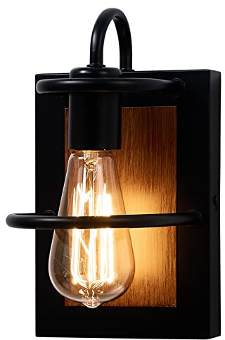 Farmhouse Wall Light Fixtures,Modern Industrial Wall Sconces Lighting Indoor with E26 Base Faux-Wood Color Matte Black Finish,Vintage Wall Mount Light Fixture for Bedroom Living Room Bathroom Stairway