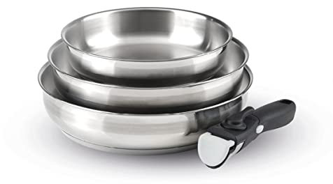 Qdesign - Batteria da cucina a induzione 4 pezzi - Set di 3 padelle in acciaio inox 20, 24 e 26 cm con manico rimovibile - Acciaio inossidabile - Set per qualsiasi fuoco - Senza PFOA - Argento