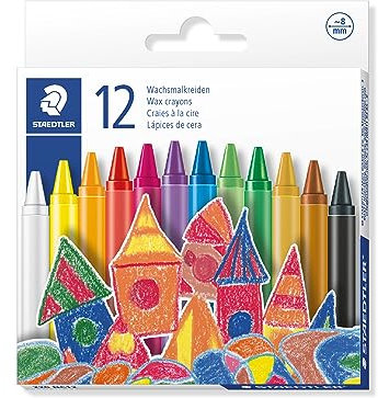 STAEDTLER Wachsmalkreide, leuchtende Farben, 8 mm Durchmesser, mit Papiermanschette, 12 Wachsmalkreiden in sortierten Farben im Kartonetui, 220 08 C12