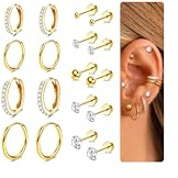 Diamday 9 Paires Boucles d'Oreilles Ensembles pour Femme Lot Boucles d'Oreilles Acier Inoxydable Plaqué Or 14K Piercing Cartilage Créoles Clous D'oreilles Lobe Helix Cartilage pour femmes