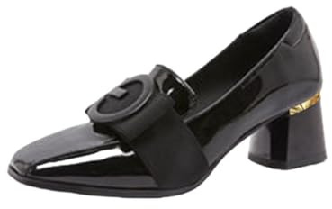 Dickly Tacones gruesos de bloque bajo para mujer, punta cerrada cuadrada, zapatos de tacón de cuero cómodos, zapatos de vestir para fiesta de boda de oficina, negro, 37