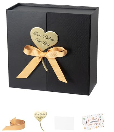 CHARMGIFTBOX Geschenkbox Schwarz, 22 x 21 x 6,5cm,1 Stück Geschenkkarton mit Deckel und Premium-Band zum Verpacken von Hochzeiten und Geburtstagsgeschenken, Karton mit Doppeltür-Design