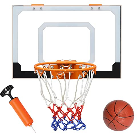 FUNJEPE Aro de baloncesto montado en la pared, tablero transparente inastillable de 18 x 12 pulgadas, red para todo tipo de clima, juego de baloncesto para interiores y exteriores (incluye 1 pelota y