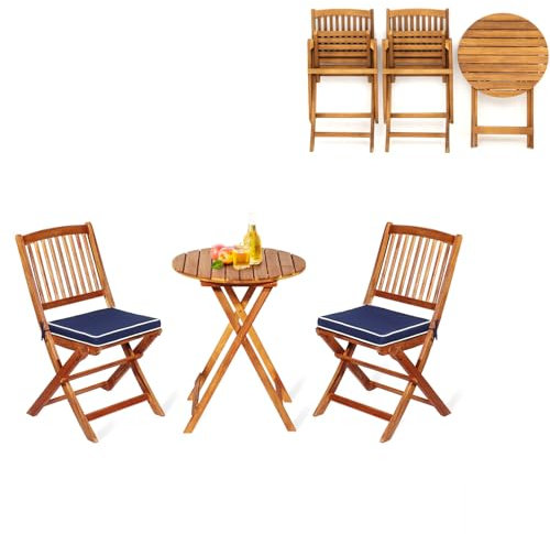 KOMFOTTEU 3 teilig Balkonmöbel, Balkonset klappbar, Gartenmöbel-Set mit 1 Tisch & 2 Stühlen, Sitzgarnitur mit 2 Kissen, Sitzgruppe Bistroset für Balkon, Garten (Dunkelblau Kissen)