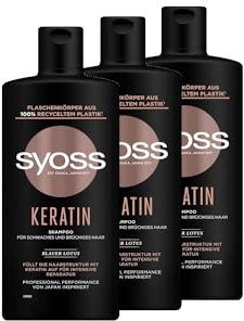 Syoss Shampoo Keratin (3x 440 ml), Haarshampoo für schwaches und brüchiges Haar, füllt und glättet die Haarfaser, Formel mit Blauem Lotus & Amino-Komplex
