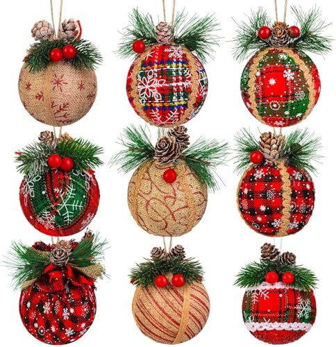 KAHEIGN 9 Pezzi Palline di Natale, 8CM Tela di Juta Ornamenti di Palle di Natale Palline di Natale Infrangibili da Appendere per Albero di Natale Vacanze Casa Natale Festa Decorazione (9 Stili)