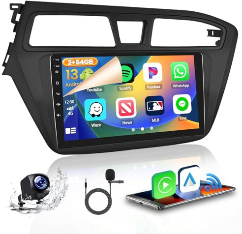 Hikity 2+64GB Android 15 Autoradio per Hyundai i20 2015-2018 Radio CarPlay Android Auto 9 Pollici Touchscreen Auto Radio con WiFi GPS FM RDS Telecamera Posteriore