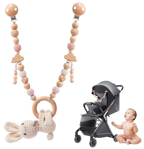 GYHWOFUL Kinderwagenkette Häkelhasen Design, Kinderwagen Spielzeug mit Glocken und Stern Perlenanhängern, Holz Kinderwagenkette Geschenk zur Geburt für Neugeborenen Mädchen Junge