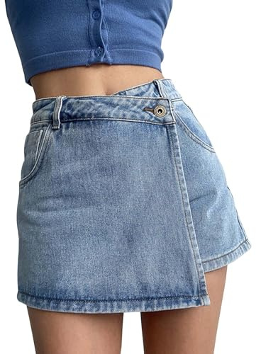 Pantaloncini Jeans Linea Vita Alta Donna con Lavaggio Leggero Gonna Snellente Design Elegante Due Pezzi per Fashioniste Abbigliamento Copricostume