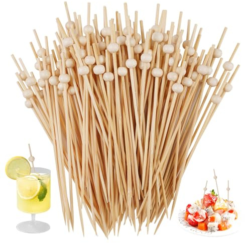 100 Piezas Palillos de Cóctel, 12CM, Palillos para Aperitivos con Cuentas Redondas, Pinchos Decorativos para Comida, Fruit Bamboo Skewers para Bebidas, Frutas, Embutidos, Sándwiches, Bar, Fiestas