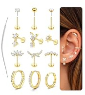 Adramata Helix Piercing kirurgiskt stål tragus örhängen set skruvlös push in örhängen labret näspiercing silver guld brosk conch daith tragus piercing, Rostfritt stål