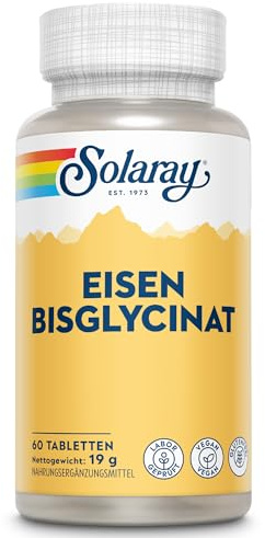 Solaray Bisglicinato di Ferro 25mg, 60 Compresse Vegane, Alta Efficacia