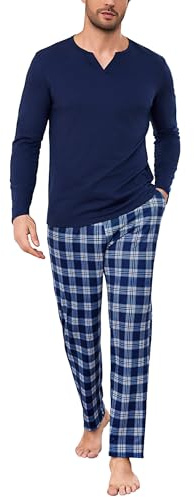 Bresdk Pigiama Uomo Caldo Cotone Pigiami Uomo Invernali Maniche Lunghe Top e Pantaloni a Quadri Morbido e Traspirante Loungewear Blu-B L