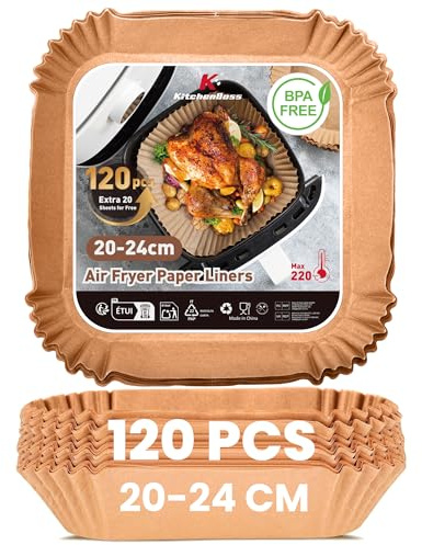 KitchenBoss Carta per Friggitrice ad Aria: 120 Pezzi Carta Forno Per Friggitrice ad Aria Quadrata 20-24cm Antiaderente Impermeabile Antiolio Air Fryer Accessori per Air Fryer Forno Padelle Microonde