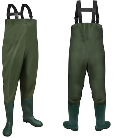 Monucep Pantalon de pêche en nylon/PVC 70D avec bretelles réglables et bottes en caoutchouc antidérapantes – Pantalon de pêche imperméable pour la pêche, la chasse, l'agriculture, le jardin et plus