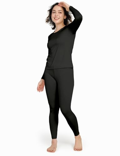 LAPASA Ensemble de sous-Vêtements Thermiques Femme Haut & Bas Maillot de Corps Manches Longues & Pantalon Chaud Automne/Hiver Noir M