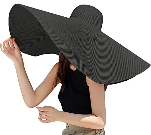 Oversized Beach Straw Hats for Women Extra Large Wide Brim Beach Hat Foldable Roll up Floppy Sun Hat Summer UV Protection (Black)