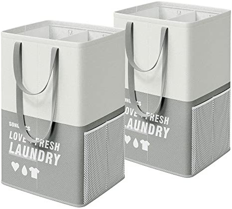 SONGMICS Cesto Portabiancheria Grande, 90L, Set da 2, Porta Biancheria a 2 Scomparti, Sta in Piedi, Pieghevole, Manico Doppio, per Lavanderia Camera da Letto Bagno, Grigio Chiaro LCB209G12