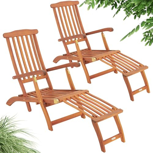 CASARIA® Queen Mary Sun Loungers Set of 2 | FSC®-Certified Acacia Wood | 160kg Load Capacity | Weatherproof Wooden Garden Lounger With Armrests | Adjustable Footrest Section
