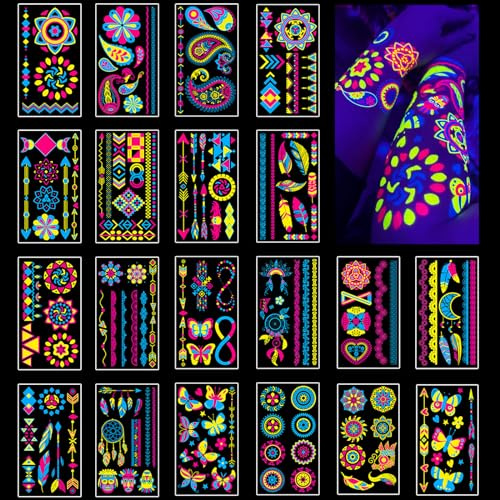 Tatuajes Temporales 20 Hojas Tatuajes Luminosas Bajo Neon UV Luz Negra para Niños, Adolescentes, Adultos - Decoracion Chulos para Fiestas Cumpleaños y Party Neon, Regalos Originales para Mujer y Niña