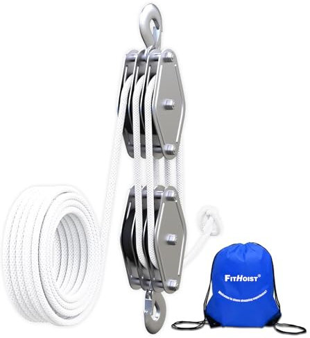 FITHOIST Block and Tackle 1100 lbs, 2200 LBS Breaking Strength Heavy Duty Pulley, 50 Ft 3/8 Rope Pulley, 5:1 Lifting Power Pulley System, Pulley Hoist for Animal Husbandry, Warehouses, Constructions