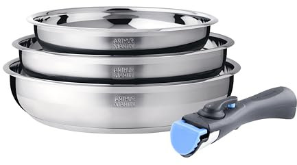 Arthur Martin AM2208 Set de 3 poêles Acier Inoxydable Poignée amovible Tous feux dont induction