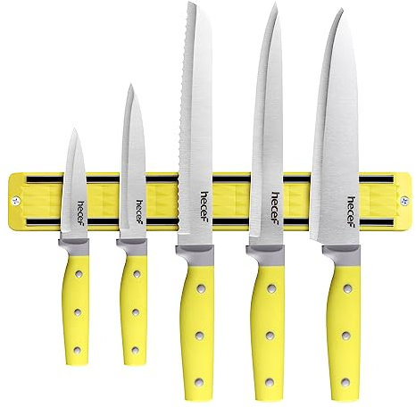 hecef 5-Piece Stainless Steel Knife Collection with Magnetic Holder, Triple-Riveted Yellow Handles for Modern Kitchen Food Prep
