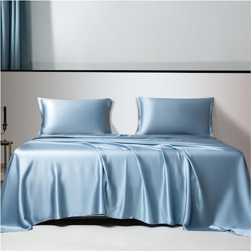 I Pcs 22 Momme Flat Silk Sheet, 100% Mulberry Silk Bed Sheets, Real Silk Flat Sheet, Grade 6A Organic Silk Bedding Made in USA, Hypoallergenic, Ultra Soft and Breathable (Blue Grey, Queen)