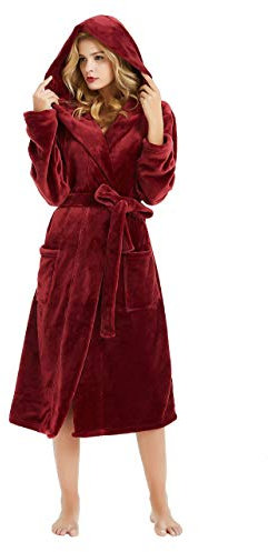 HEARTNICE Damen Fleece Bademantel mit Kapuze, weicher Plüsch Morgenmantel Bädemantel für Damen, flauschig süß Lange Hausmantel (Weinrot, S/M)