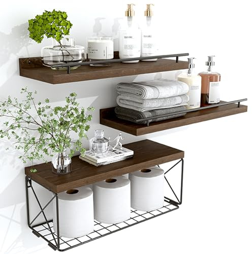 Hoiicco Étagère de salle de bain avec garde-corps en métal, étagères flottantes en bois pour toilettes avec panier de rangement en fil, étagères murales flottantes pour chambre à coucher, salon,