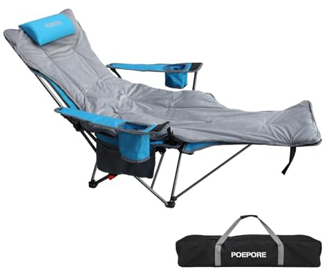 POEPORE Reclining Camping Chair with Removable Footrest Lounge Chair with Headrest, Cotton Cushion, Portable Adjustable Folding Chairs for Adults Blue
