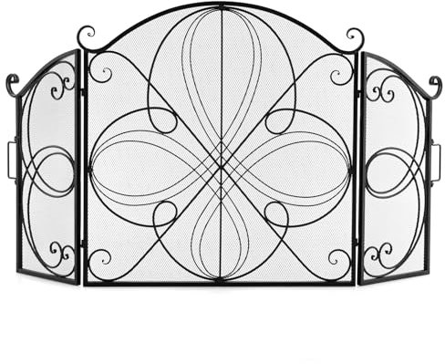 COSTWAY 3 Panel Folding Fire Guard, 151 x 83cm Large Fireplace Screen Fence with Handle, Floral Pattern & Flexible Hinges, Wrought Iron Mesh Spark Fire Panels for Wood and Coal Firing Stoves Grills