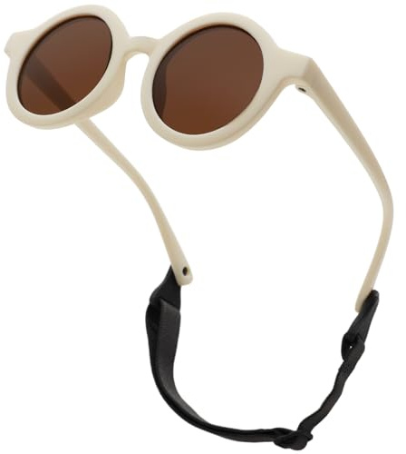 LOJUDI Baby Sunglasses 0-24 Months - with Strap Polarised Cute Round for Newborn Infant Toddler Sunglasses Baby Girls Boys-White Frame