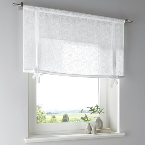 Raffgardine Lille aus 100% Baumwolle, halbtransparent, weiß mit bedrucktem floralem Muster. Tunnelzug. Bindebänder mit romantischer Schleife, Breite 120 x Höhe 100 cm