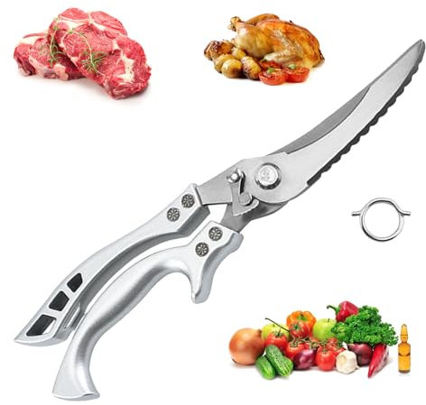 Geflügelschere Edelstahl, Küchenschere, Haushaltsschere, Multifunktionale Schere, Metall-Griff, Geeignet für Huhn, Gans, Truthahn, Fisch, Gemüse, Grill, Silberne