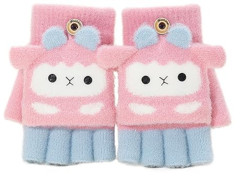 Faxianther Kids Cartoon Cat Sheep Knitted Gloves, Girls Boys Winter Warm Writing Reading Half Finger Gloves Cold-Proof Cycling Camping Ski Full-Finger Gloves Mitts for 3-8 Yrs Girls Boys