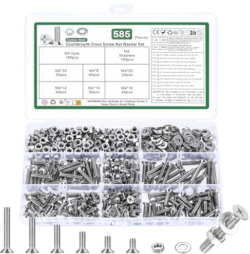Juego de 585 tornillos M4, tornillos de cabeza avellanada, juego de tuercas, tornillos de cabeza plana y tuercas, surtido de tornillos de máquina de ranura cruzada, juego de tornillos roscados con