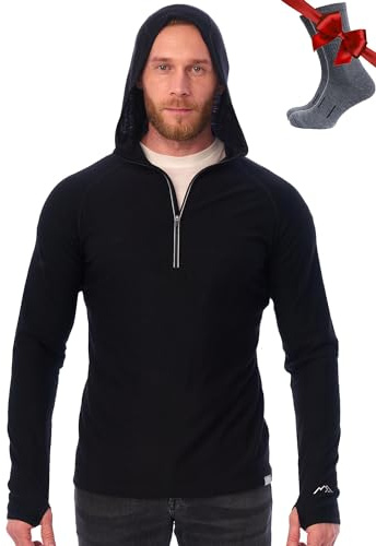 Merino.tech 100% Pull Merinos Homme à Capuche - Coupe Ajustée + Chaussettes | Léger, Respirant, Anti-Odeur Naturel, Anti-Humidité, Idéal Pour La Randonnée, Voyage, Plein Air, Usage Quotidien