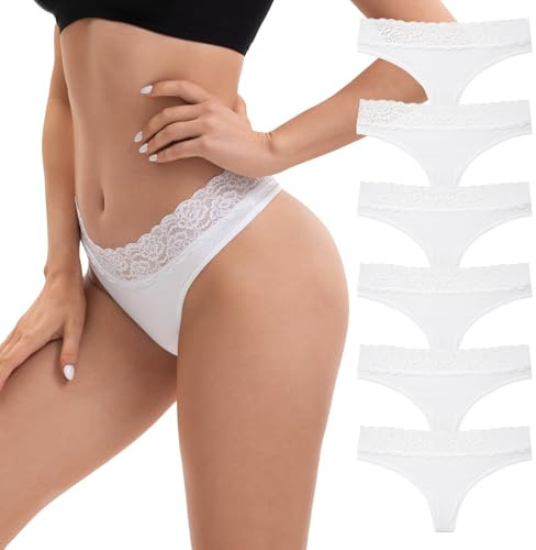 INNERSY Thongs for Women Underwear Lace Trim Hipster G String Thong 6 Pack | Soft Cotton High Leg Knickers, Elegant Feminine Waist Detail, Sexy Delicate Ladies Panties, Tag-free, Sport, Date, Daily Wear