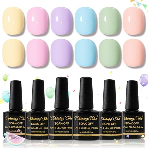 Shining She Pastel Gel Nail Polish, 6 Colours Soft Yellow Pink Purple Green Macaron Candy Nail Polish, Spring Summer Gel Polish Soak-Off UV/LED Gift for Women Nail-Art Salon DIY Home, 8ML