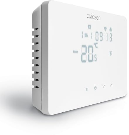 Avidsen Home Temp - Thermostat Connecté WiFi Filaire pour Chaudière et Pompe à Chaleur, Programmation Hebdomadaire, Précision 0,5°C, Détection Fenêtre Ouverte, Compatible Alexa et Google Home, Blanc