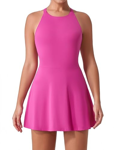 Zesoyne Tennis Dress for Women Built in Shorts Crisscross Back Strap Athletic Golf Skort with Removable Pad Activewear M Rose Red