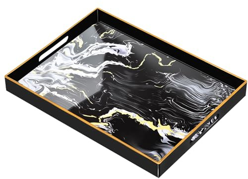 Vassoio da Portata Motivo Marmo, Grande Vassoio Rettangolare con Manici, Vassoio da Caffè Decorativo Vintage, Vassoio da Colazione in Plastica, VAssoio da Candele Infrangibile