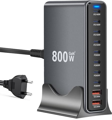 Cargador USB C de 800 W, Charger USB de 10 Puertos, Cargador rápido para Ordenador portátil, Fuente de alimentación PD Compatible con MacBook Pro/Air/DELL/iPhone/Galaxy/portátil/Tableta/móvil