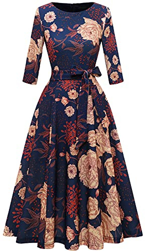 DRESSTELLS Women's Cocktail Dresses for Wedding Guest, Floral Tea Party Prom Dress 3/4 Long Sleeve Mother of Bride 1950s Fit Flare Swing Aline Evening Gala, 2026 Spring, Navy Yellow Flower M